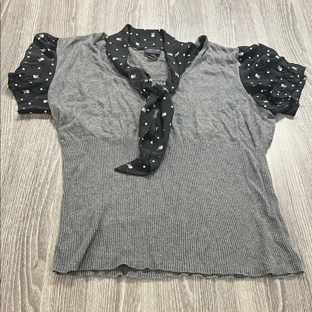 Torrid Grey Knit with Black and White Skull Sheer Sleeves and Scarf